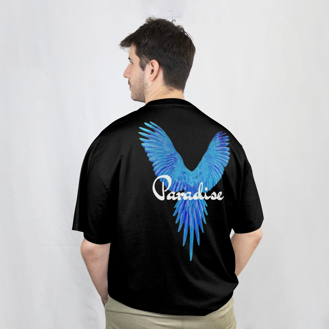 Paradise Blue Wings Graphic Printed Oversized T-Shirt Round Neck.