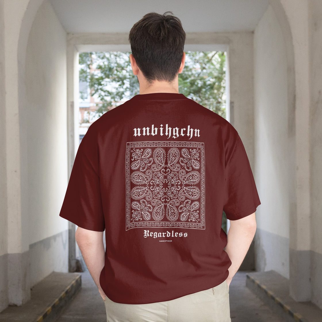 Brown Bandana Back Graphic Printed Oversized T-Shirt Round Neck.