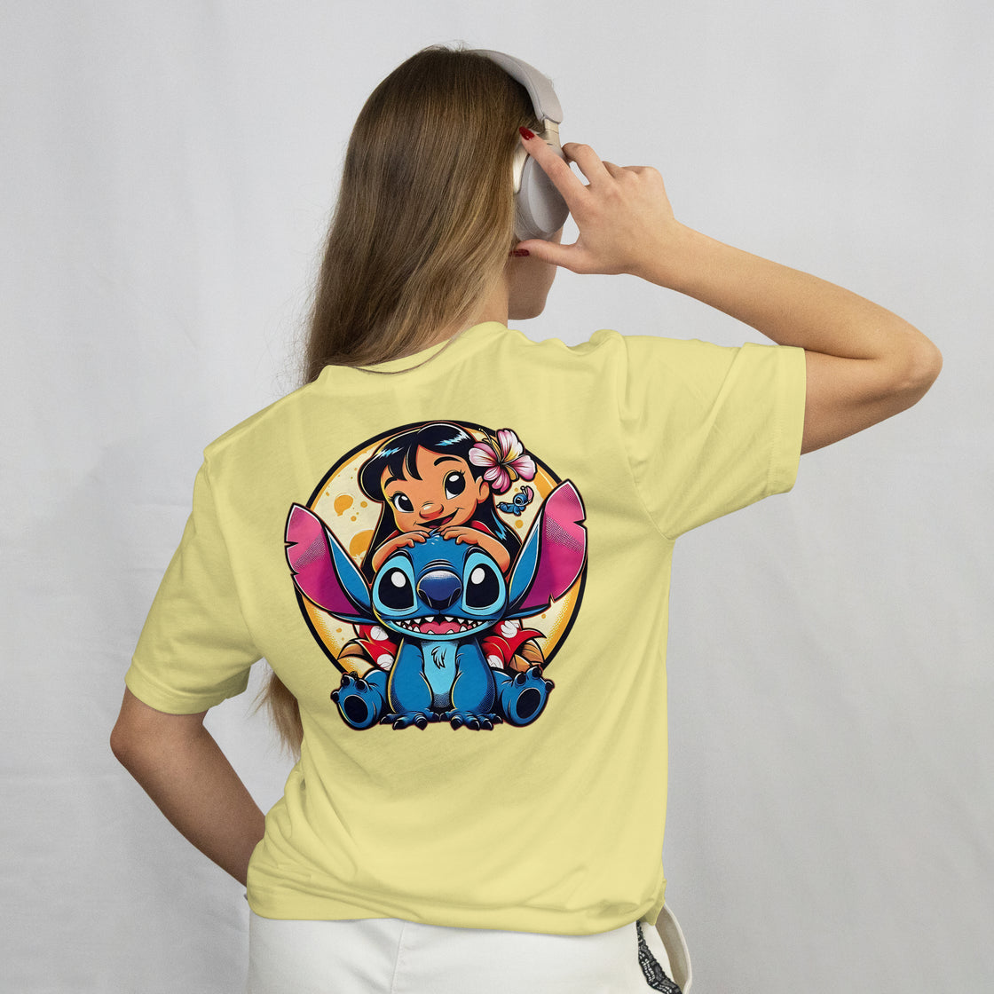 Light Yellow Lilo & Stitch Printed Regular Fit T-Shirt Round Neck.