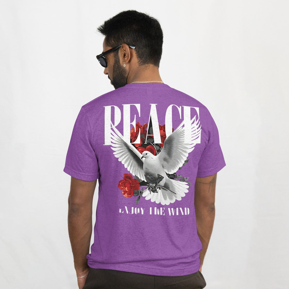 Violet "Peace" Dove & Roses Printed Regular Fit T-Shirt Round Neck.